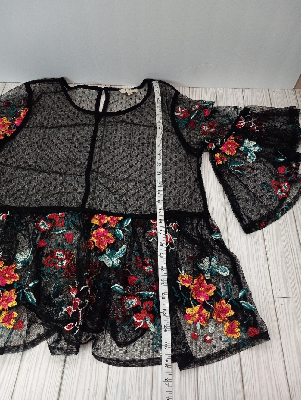 Umgee Black Sheer Mesh Dot Embroidered Floral Boho Bell Sleeve Peplum Top  - Picture 6 of 7
